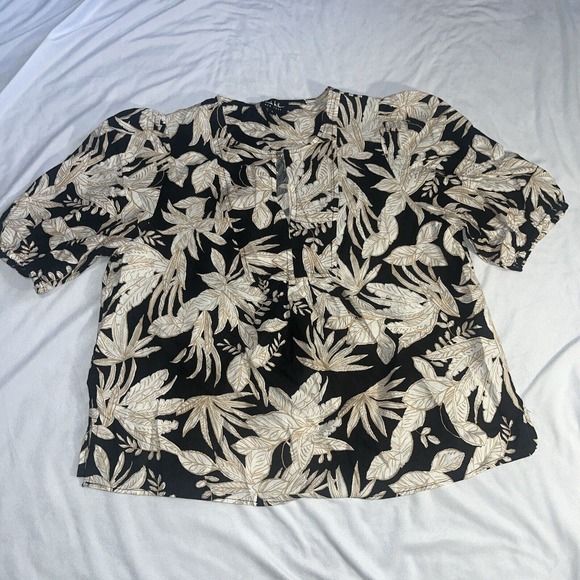 Nicole Miller L Large Linen Blend Tropical Print Balloon Sleeve Blouse - Picture 1 of 15
